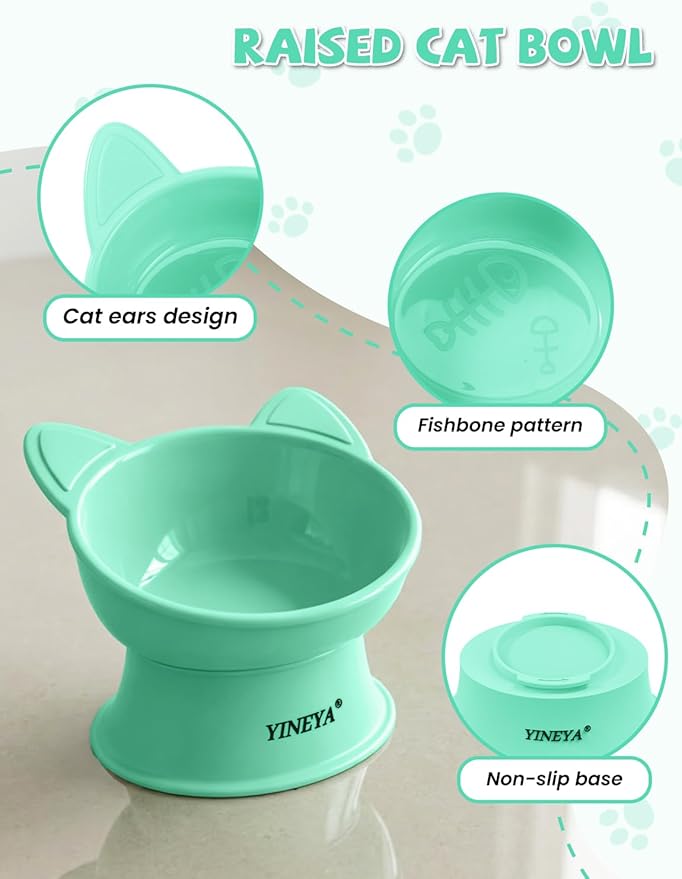 YINEYA Elevated Cat Bowls 2 Pcs, Cat Food Bowl to Protect Neck & Anti-Vomit, Whisker-Friendly Raised Food and Water Bowls Set for Indoor Cats/Small Dogs, Cute Pet Feeding Bowl 6 OZ Each, Pink & Green