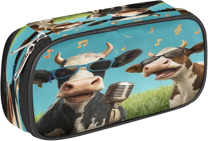 Cute Pencil Case for Girls Boys, Two Music Cows Art Portable Pencil Bags Pouch Pen Case Organizer with Zipper for School College Office