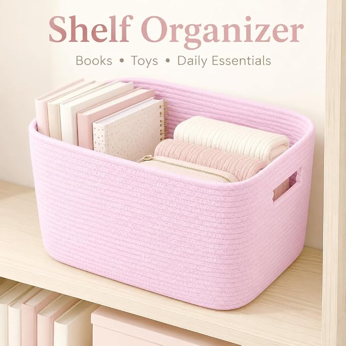 Cotton Rope Laundry Basket Small, 12.8GAL Collapsible Woven Storage Baskets for Living Room Kids Toys Stuffed Animal,Boho Rectangular Decorative Short Hamper for Dirty Clothes, Blankets Light Pink
