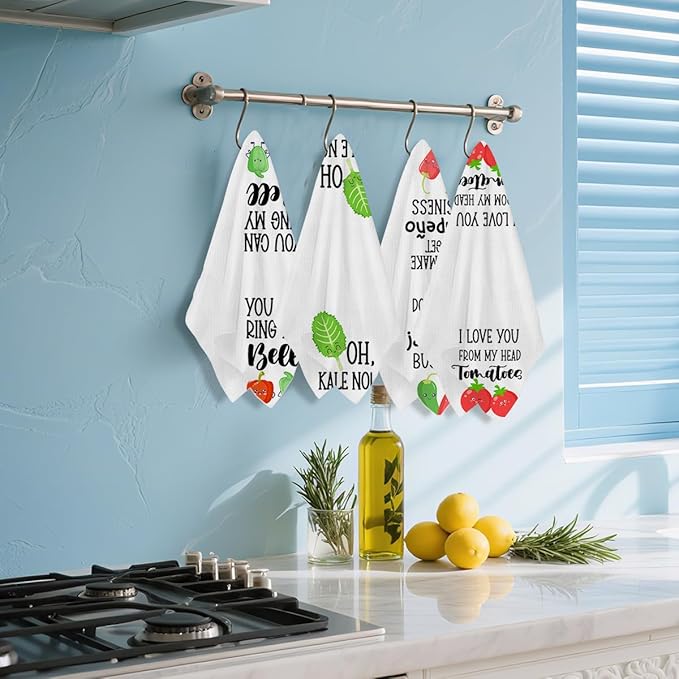 4Pcs Funny Chili Kitchen Towels 24x14 Inch, Chili Pepper Tomato Decor Microfiber Reusable Tea Towels for Kitchen Farmhouse, Durable Waffle Dish Drying Towel, Housewarming Gifts for Women Mom