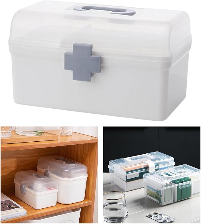 Portable First Aid Carrying Case Organizer Bin Medicine Storage Box with Organizing Holder with Handle Stationery, Clear, 21.2x12x12.5CM