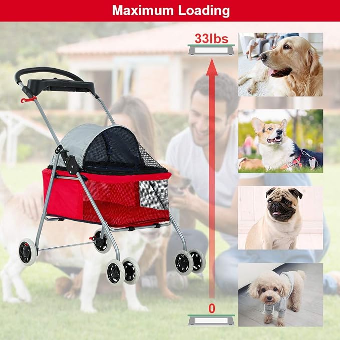 BestPet Foldable Pet Stroller for Small/Medium Dogs and Cats Up to 33 lbs | 4-Wheel Stroller Pet Strolling Cart w/ Breathable Mesh, Lockable Rear Wheels, Cup Holder/Tray & Storage Box, Red