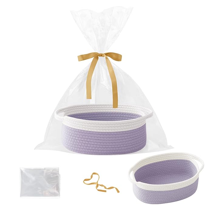 Woven Rope Basket-Baby Gift Basket with Bag & Ribbon, White&Purple | Cotton rope with handle, 12 x 8 x 5 in, gift bag and ribbon, for baby shower, birthday, toy storage, nursery, shelf decor