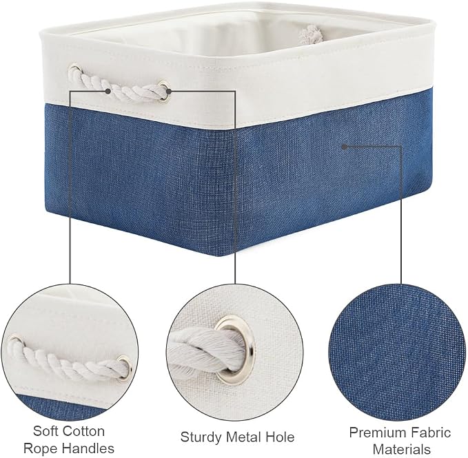 Storage Basket for Organizing - Medium 3 Pack 14x10x7 inch Fabric Storage Cubes for Shelves with Rope, Collapsible Storage Bin for Organizer Closet Cloth Gift Toy (White & Jean Blue)