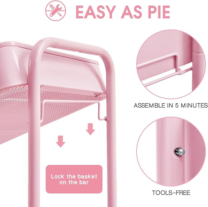 TOOLF 3 Tier Metal Rolling Cart, Utility Storage Cart with Wheels, Pink | Screwless Assembly, Lockable Metal Wheels, Trolley Organizer for Bathroom, Kitchen, Office, Dorm, Laundry, Craft Room