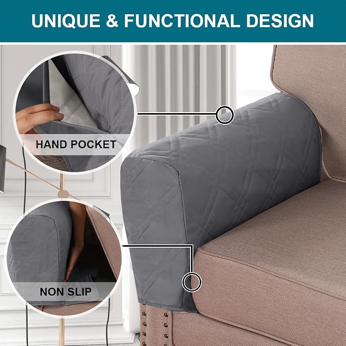 2-Pack Waterproof Armrest Covers for Couches & Chairs – Anti-Slip Furniture Protectors with Side Pockets, Washable Sofa Arm Covers, Universal Stretch Fit (Fits Most Armrests) (Dove)