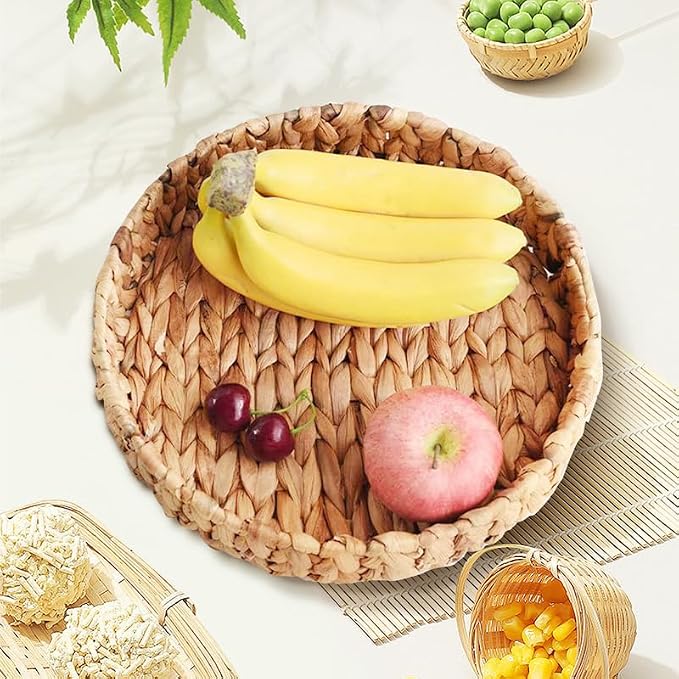 Wicker Storage Baskets Set of 3 Round 15'' x 15'' x 3'' | Hand-Woven Natural Water Hyacinth Storage Baskets Stackable Pantry Organizers and Storage for Shelves Bathroom Kitchen