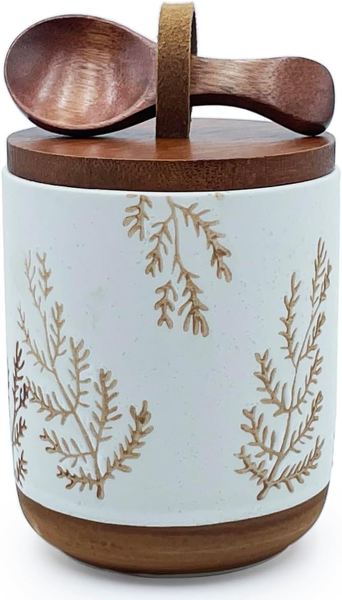 10oz Ceramic Airtight Food Storage Container with Wooden Spoon for Sugar,Matcha,Salt,Coffee,Spices,Cat Treat,Loose Leaf Tea(White Botanical Fern Pattern)