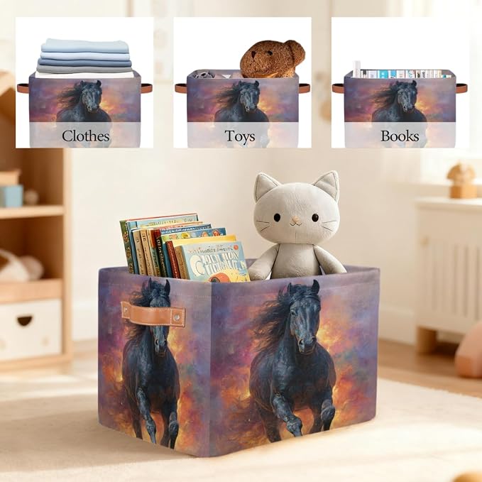 Pardick Storage Baskets Bin, Flame Animals Horse Collapsible Canvas Fabric Storage Bin Decorative Baskets Toy Organizer Rectangle Storage Boxes with handles for Home Shelves Nursery,Q-13