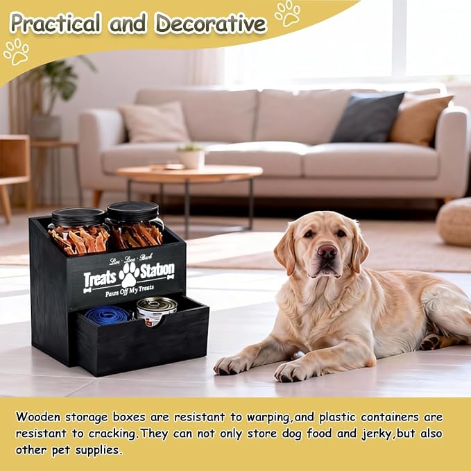Pet Food Storage Container with Drawer, Wooden Dog Treat Container | Black Pet Food Storage with 2 Plastic Dog Treat Jars for Dog and Cat,Wood Cat Treat Container, Dual Desk & Wall Mount Design