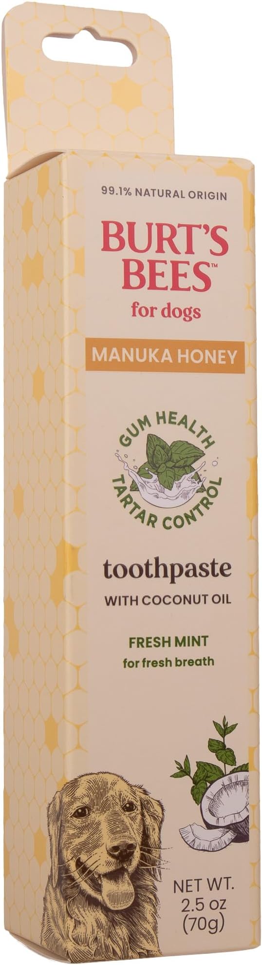 Burt's Bees for Pets Toothpaste for Dogs with Manuka Honey and Coconut Oil for Gum Health & Tartar Control, 99.1% Natural Origin Formula, Fresh Mint Flavor, 2.5 oz