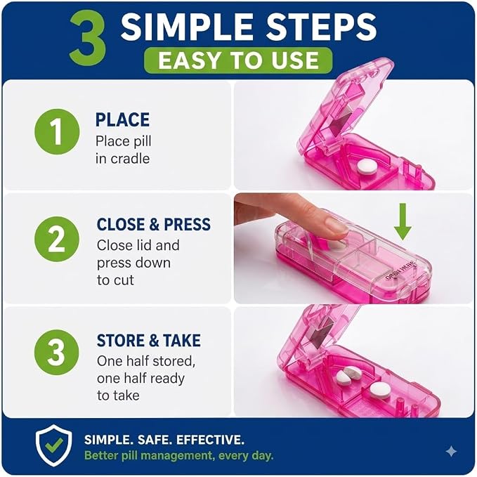 Ezy Dose Pill Cutter & Splitter, Built-in Pill Dispenser, Pink | Easy-Cut Stainless Steel Blade for Tablets, Vitamins, Medication, Portable Pill Cutter for Seniors, Pets, Travel-Size