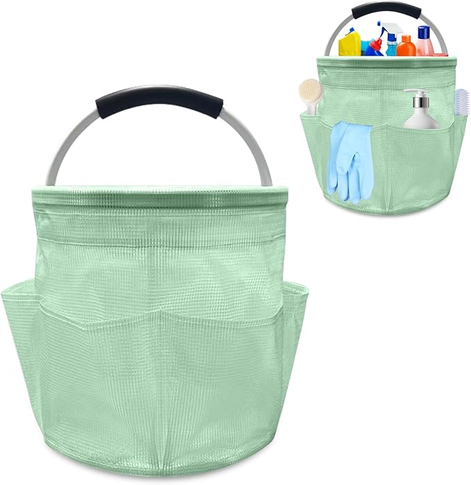 17L Cleaning Caddy with Handle, Foldable Cleaning Supply Caddy with 6 Pockets Cleaning Caddy Bag for Outdoor Camping Garden Harvest Basket Bathroom Storage (Clear Green)