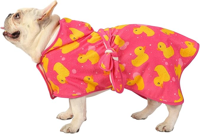HDE Dog Bathrobe Super Absorbent Quick Drying Puppy Towel Wrap Coat Adjustable After Bath Robes with Hood for Dog Sizes S-XXL Pink Rubber Ducks S