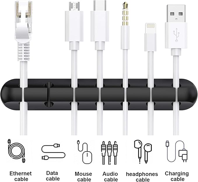 SOULWIT 3 Pcs Silicone USB Cable Holder Clips, Self Adhesive - Black | for Desktop Charging Cable, Nightstand, Mouse Cable Wire PC Office Home