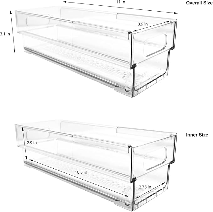 Isaac Jacobs 2-Pack Clear Expandable Storage Bins - Extra Small | 11"-19" L x 3.9" W x 3.1" H, Plastic Organizer with Cut-Out Handles, Adjustable Length from 11-19" for Home, Kitchen & Office