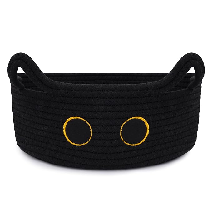 Black Cat Toy Basket for Nursery,Small Cute Cat Oval Woven Rope Basket | Cotton Rope Storage Toy Bin, Baby Shower Blanket Hamper 0rganize Box with Handles,Gifts Empty Storage Cat Bin,12"D x 5"H in