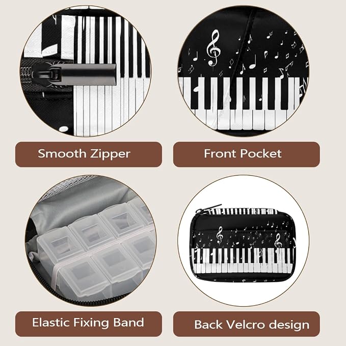 Travel Pill Organizer Black White Piano Keys Music Notes Pill Case