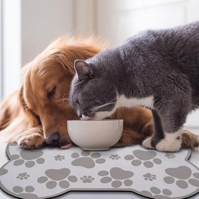 Dog Food Mats for Floors Waterproof, Pet Feeding Absorbent Water Bowl Mat Cat Placemats Gray Bone Shape 19 * 12 inch