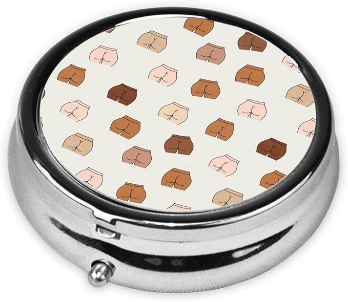 Travel Pill Holder, Naked Butt Yellow Black White Skintones Funny Round Compact Organizer, Small Dispenser with Mirror, Pocket Purse Case for Vitamins