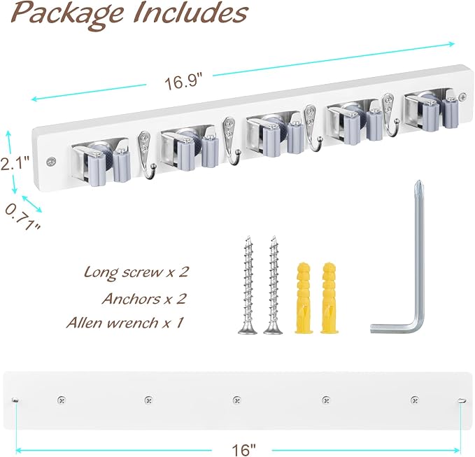 OUTNILI Mop and Broom Holder Wall Mount - White Broom Mop Hanger - Wall Mounted Garden Tool Rack Organizer for Closet Garage Laundry Room Kitchen Decor With 5 Slots & 4 Hooks