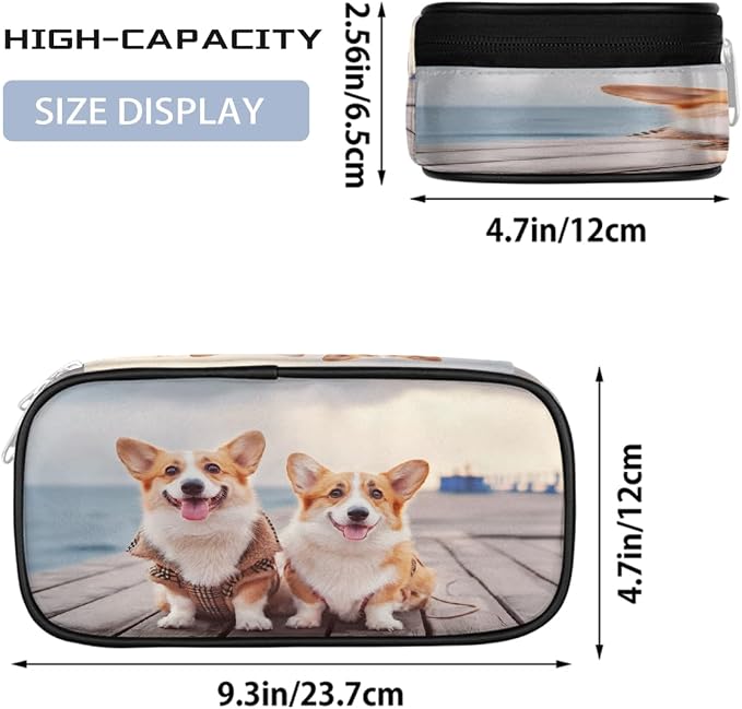 Two Cute Corgi Dogs Beach Pet Pencil Case Pouch, Big Capacity Waterproof Pen Bag for Students Teens Adults, Large Storage Organizer for Stationery