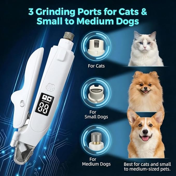 2-in-1 Dog & Cat Nail Clipper and Grinder with LED Light, Low-Noise Electric Pet Nail Trimmer, Safety Lock & Nail Catcher, USB-C Rechargeable, 3 Grinding Ports for Cats & Small to Medium Dogs