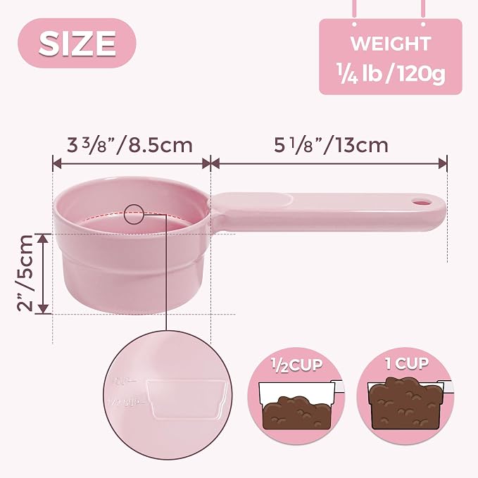 Melamine Pet Food Scoop, Cat Food Measuring Cups, Comfortable Long Handle Scoop for Dog, Cat, Ferret and Rabbit Food, 1 Cup Size Pet Food Feeding Scoop Dishwasher Safe (Pink | Pet Food Scooper, One-Cup Portion Measure, Long Handle, Dry Kibble, For Feed...