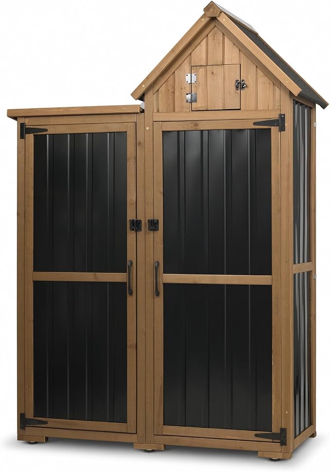 Ketive Outdoor Storage Cabinet, 67" Wooden Garden Tool Storage Shed | Shelves, Metal Panels, Top Storage Compartment, Asphalt Roof, Ground Anchors for Patio, Backyard, Garden Tools