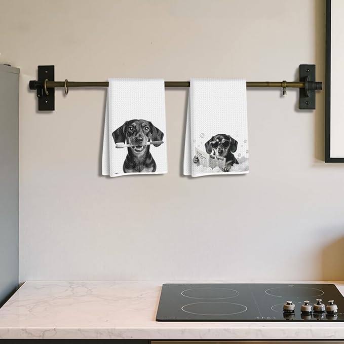 2Pcs Funny Dachshund Hand Towel for Bathroom 24x14 Inch, Cute Dog Absorbent Soft Microfiber Dish Cloth Bathroom Towel, Waffle Hand Towels for Toilet Home Decor, Dachshund Gifts