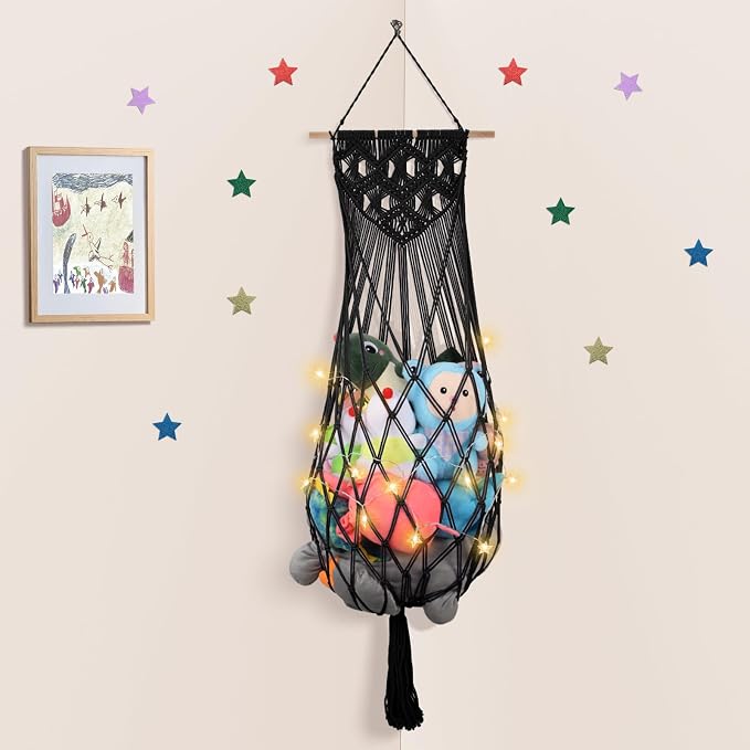 63Inch Stuffed Animal Storage Hammock Corner,Boho Plushie Net,Black | Wall Ceiling Over Door Hanging Hammock for Stuffed Animals,Macrame Stuffy Storage Holder w/Star Lights,Nursery Playroom Decor
