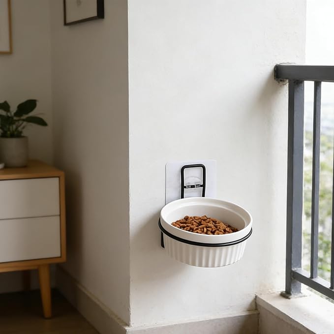Wall-Mounted Pet Feeder Holder with Nail-Free Stickers, Iron and Plastic Food Bowl Rack for Cats and Dogs, Prevents Bowl Overturning and Food Spillage, for Pet Cage or House Use