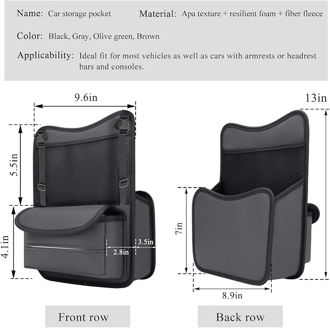 DXNQ Car Organizer Storage Between Seats, Leather Large Capacity Automobile Handbag Hanging Store Content Bag, Auto Console Organizer Holder for Snack Phone Document Storages, Car Accessories (Gray)