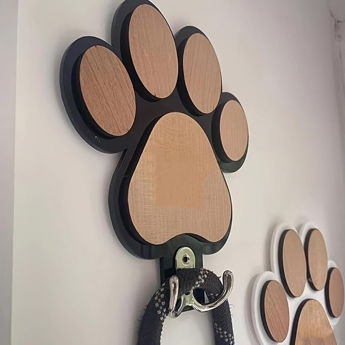 2 Pcs Wooden Paw Print Pet Leash Hook, Dog Leash Holder Wall Mounted Wooden Pet Organizer Double Hook for Dog Collars Entryway Accessories