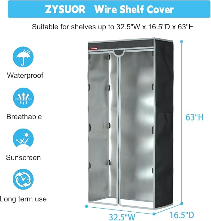Shelving Dust Cover for Shelves, Fits 32.5"x16.5"x63" Shelf | Waterproof Rack Shelf Cover with Zipper & Clear PVC Front, for Rack in Closet, Pantry, Garage Storage (No Shelves)