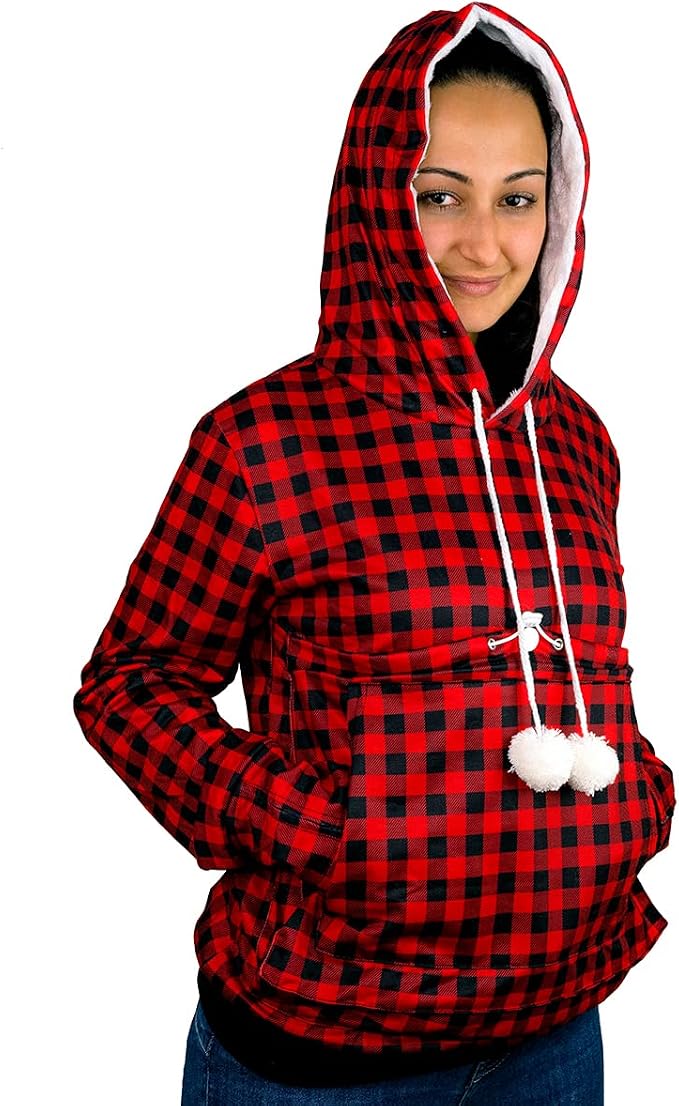 ALYC Pet Pouch Hoodie - Cat Dog Holder Sweatshirt Large Pocket Carrier Pullover Tops for Women (Red+Black, Small)