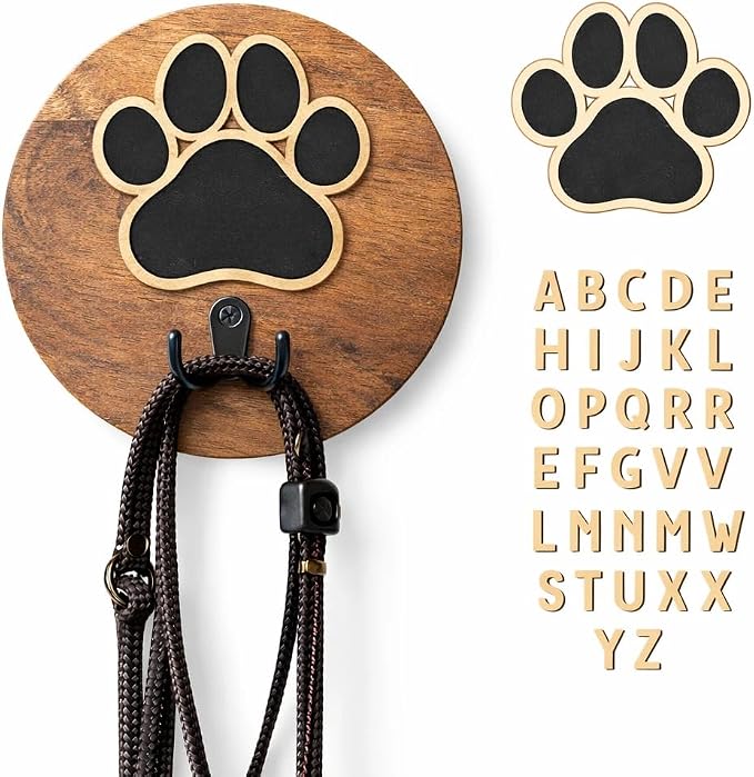 Personalized Dog Leash Holder Wall Mount, Wooden Dog Leash Hanger with 52 Letters, Pet Leash Wall Hook Organizer for Dog Collar & Harness, Paw Design Entryway Home Decor (Single Hook)