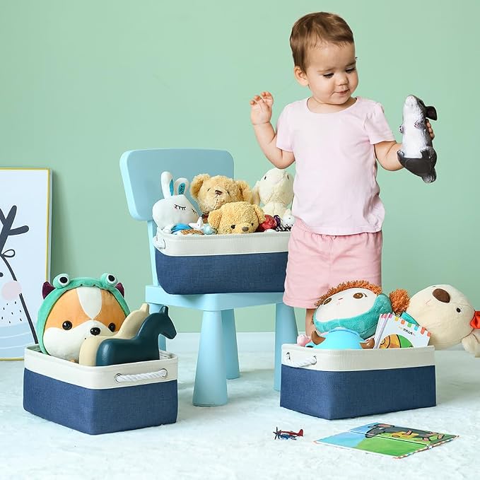 Storage Bins for Shelves - 1 Pack 13.8x9.7x6.7 inch Collapsible Storage Basket for Organizing, Dog Toy Bin for Closet Organizer laundry Cloth Nursery (White & Jean Blue)