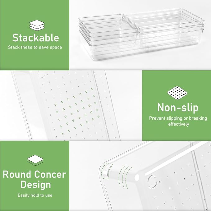 6 PCS Large Size Clear Plastic Drawer Organizer Tray, 12'' Acrylic Vanity Bathroom Drawer Organizers Trays, Desk Drawer Organizer Bins for Cosmetic, Makeup, Kitchen, Office Drawer Divider Organization