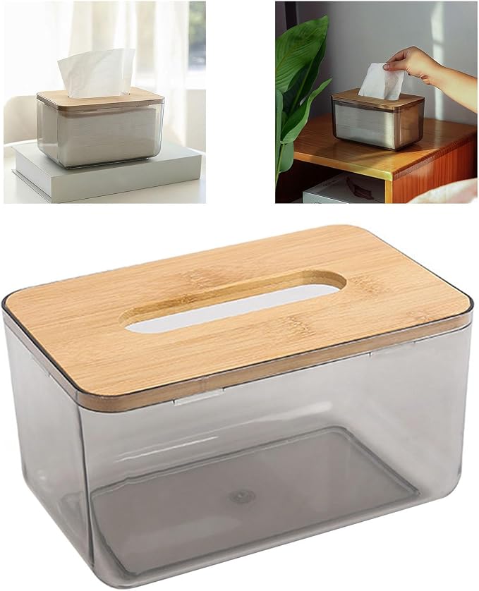 Multi Functional Acrylic Tissue Box, Clear PET and Wood Napkin Organizer Cube Holder, Easy Slide Out Cover, Square Tabletop Dispenser for Bathroom Laundry Room Office Desk