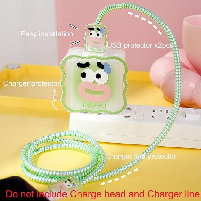 ZOSTLAND 5 in 1 DIY 18W 20W Heart Shape Protector Data Cable USB Charger Line Earphone Wire Saver Organizer Compatible with iPhone 11 12 13 14 15 Pro Max (Funny Green)