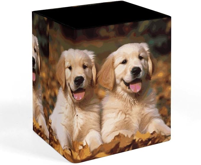 Golden Retriever Dogs Puppies Pets Square Leather Pen Holder Desk Organizer | Pencil Holder Makeup Brush Holder Storage Box for Office Home Supplies, Gift for Teacher Colleague 4.3*3*3.5 In