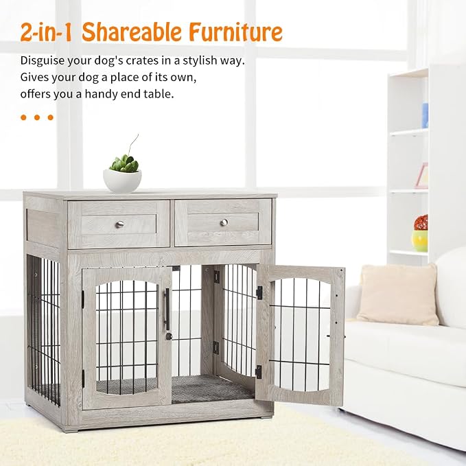 Dog Crate Furniture with Double Drawers, Wooden End Table Dog Kennel, Furniture Style Wood House Crate for Small/Medium/Large Dogs, Decorative Dog Crate with Storage for Large Breed, 40 Inch, Gray