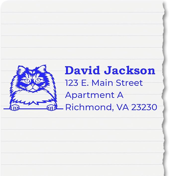 Peeking British Longhair Cat Self-Inking Address Stamp - Clear Impressions | 4 lines. Mailing Stamp for Cat Lovers Personalized. British Longhair Cat Rectangular Address Stamp. 4 case colors. Laser-cut.