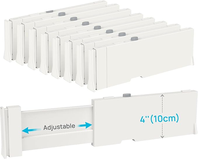 Vtopmart Drawer Dividers for Clothes 8 Pack, Adjustable 4" High Expandable from 11.3"-17" Dresser Drawer Organizer, Plastic Drawers Separators for Dresser, Baby Clothes, Kitchen and Office Storage | Adjustable Drawer Organizer, Dresser Clothes Separato...