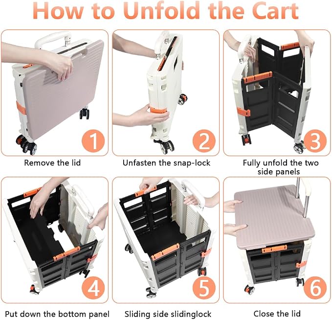 FELICON SELORSS Foldable Utility Cart Folding Portable Rolling Crate-White | Durable,Heavy Duty,Plastic Box,Telescoping Handle,4 Rotate Wheels,Collapsible Handcart for Travel Shop Move Luggage Office