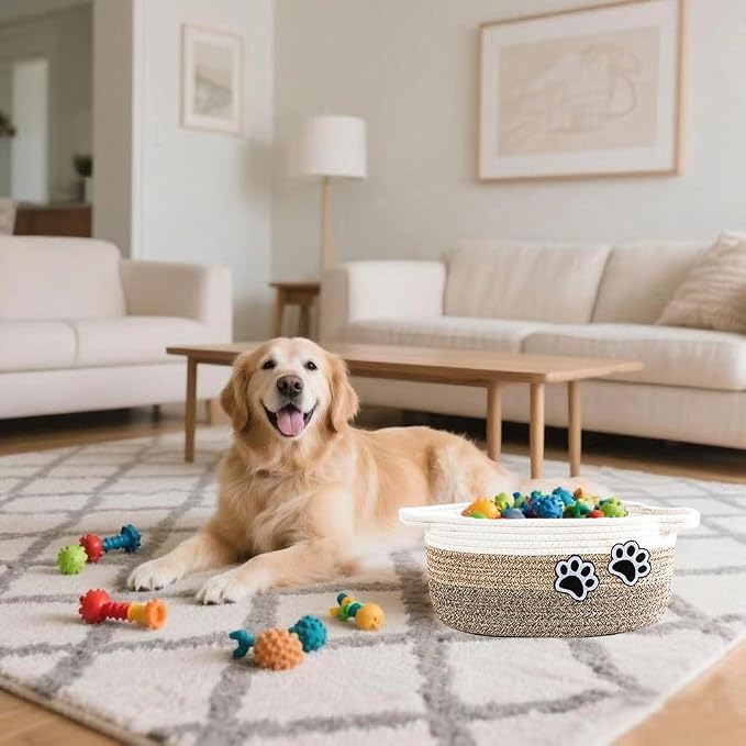 Small Woven Cotton Rope Nursery Organizer Bins, Dog Toy Basket Bins with Handle, Cute Empty Pet Gift Storage Baskets with Paw