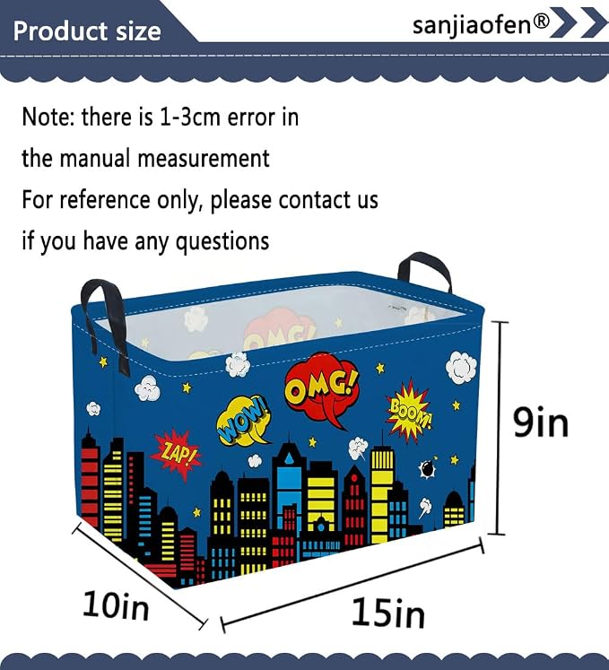 Sanjiaofeng Rectangular Blue City Hero Skyline Basket,Baby Storage Bins with Handles,Comics Hero Kid Basket,Building Silhouettes Storage Bin,Room Decor(Building)