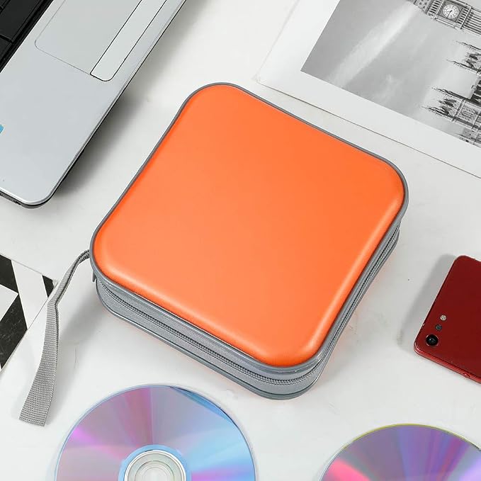 CD Case, 40 Capacity CD DVD Case Wallet Holder Portable Disc VCD Heavy Duty Binder Storage Organizer (Orange)