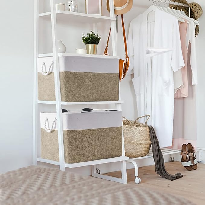 Organization Basket - 20x16x14 inch Jumbo 3 Pack Collapsible Storage Bins for Shelves, Fabric Storage Cubes for Closet Organizer Gift Toy (White & Khaki)